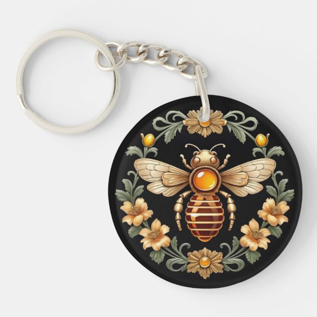 Art Nouveau Bee on Black Key Ring (Front)