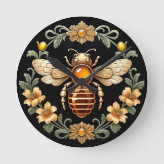 Art Nouveau Bee on Black Round Clock