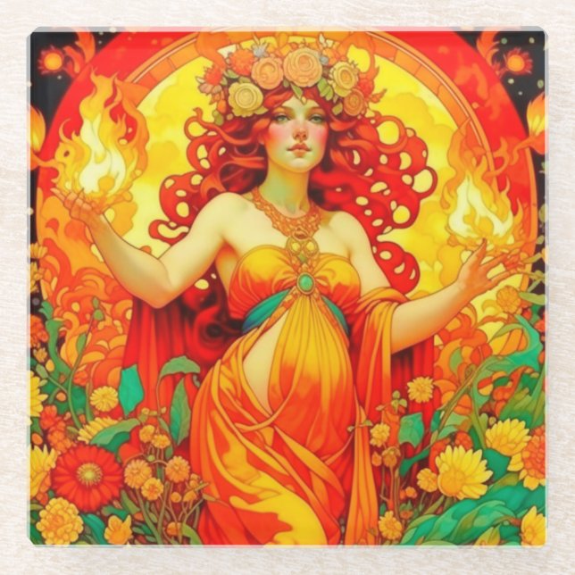 Art Nouveau Beltane Celtic Spring  Glass Coaster (Front)