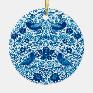 Art Nouveau Bird and Flower Tapestry, Blue & White Ceramic Tree Decoration