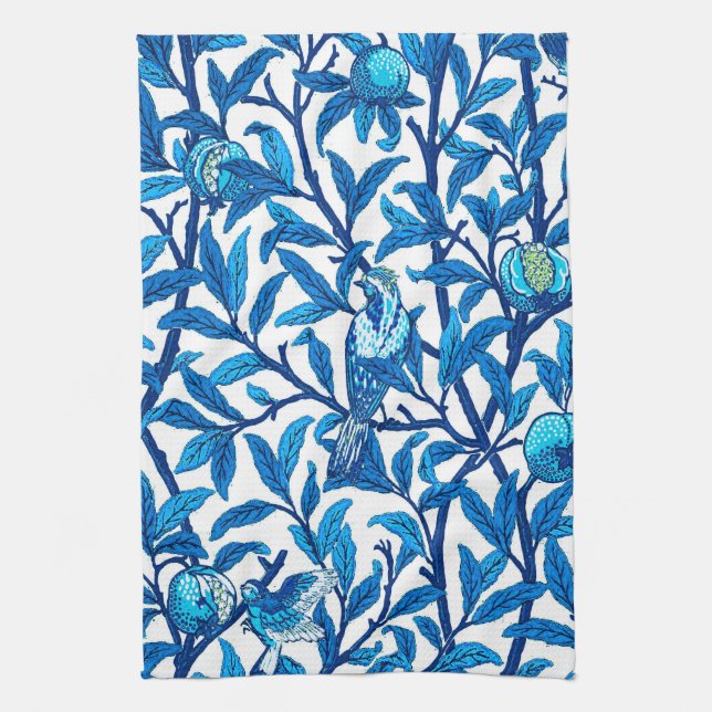 Art Nouveau Bird and Pomegranate, Cobalt Blue Tea Towel (Vertical)