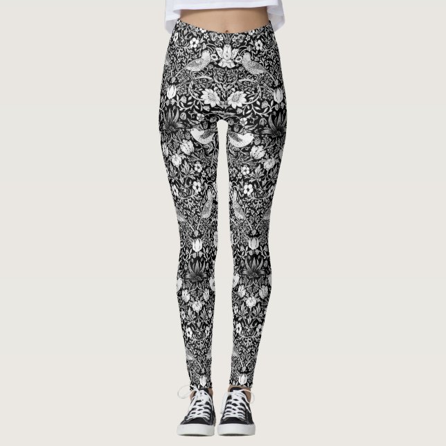 Art Nouveau Bird &  Flower Tapestry, Black & White Leggings (Front)