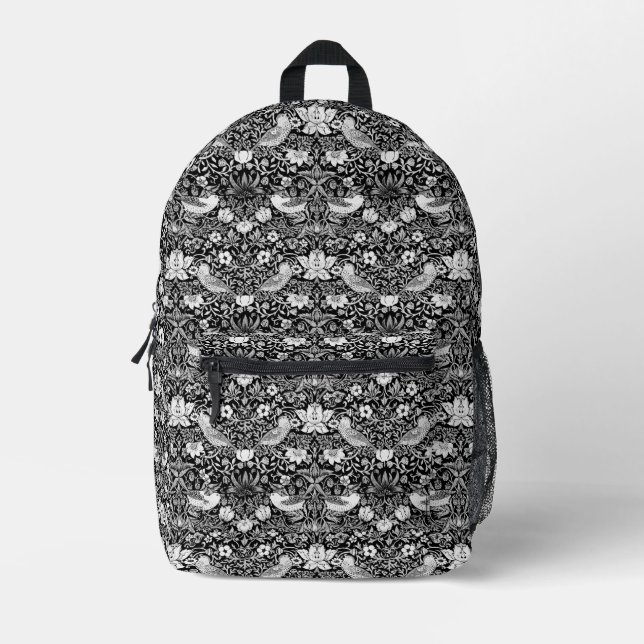 Art Nouveau Bird & Flower Tapestry, Black & White Printed Backpack (Front)
