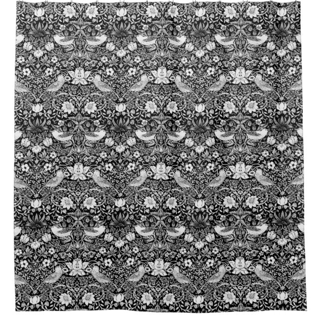 Art Nouveau Bird & Flower Tapestry, Black & White Shower Curtain (Front)