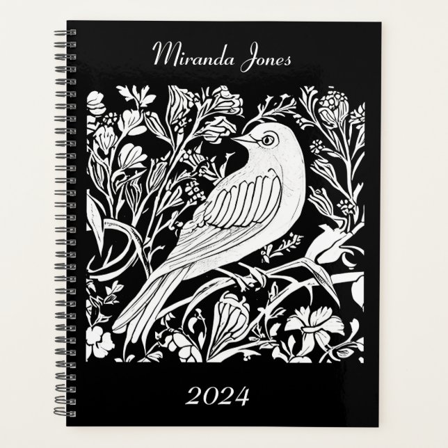 Art Nouveau Bird on a Branch in White on Black  Planner (Front)