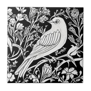 Art Nouveau Bird on a Branch with Flowers in White Tile