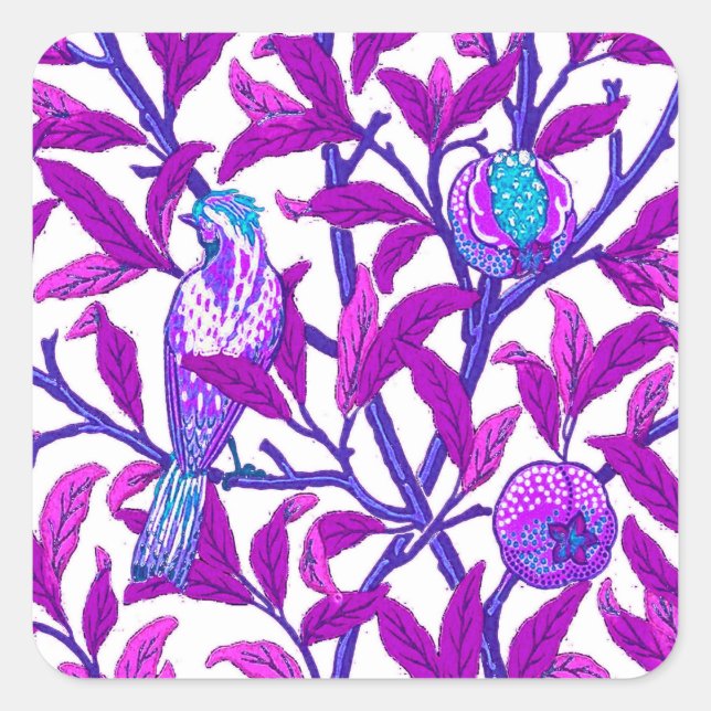 Art Nouveau Bird & Pomegranate, Amethyst Purple Square Sticker (Front)