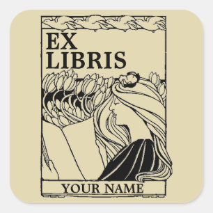 Art Nouveau Birds & Girl Reading Book Ex Libris Square Sticker