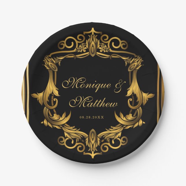 Art Nouveau Black and Gold Royal Wedding Paper Plate (Front)