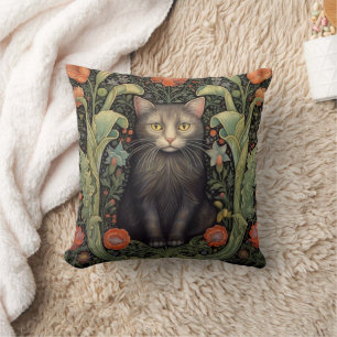 Art nouveau black cat and red flowers cushion