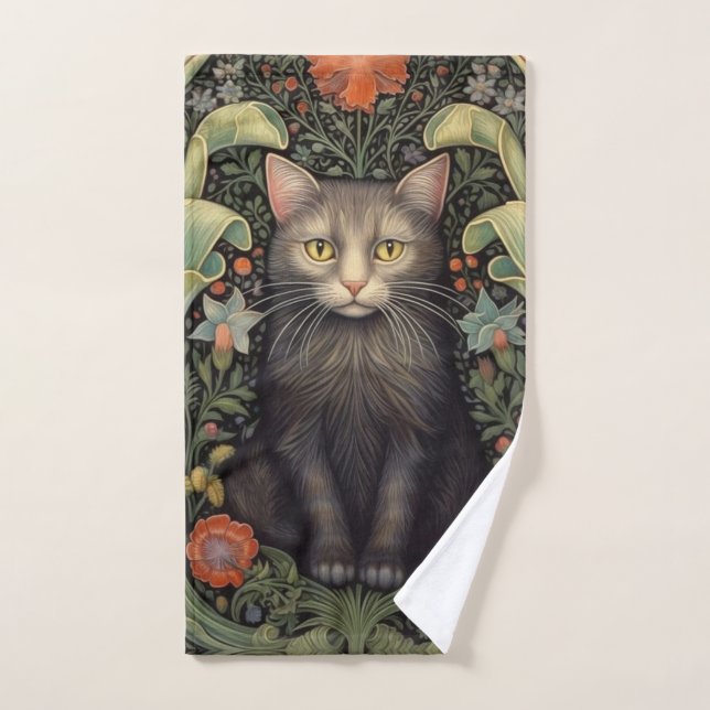 Art nouveau black cat and red flowers hand towel (Hand Towel)