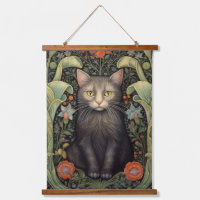 Art nouveau black cat and red flowers