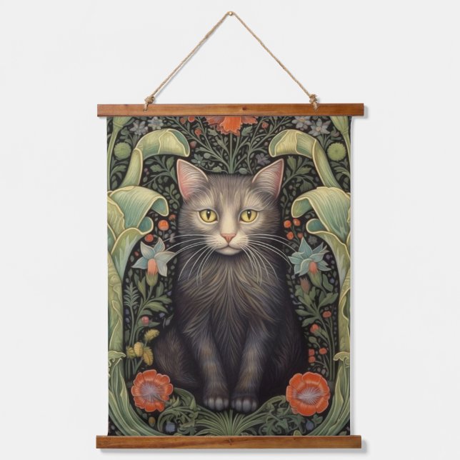 Art nouveau black cat and red flowers hanging tapestry (Front)