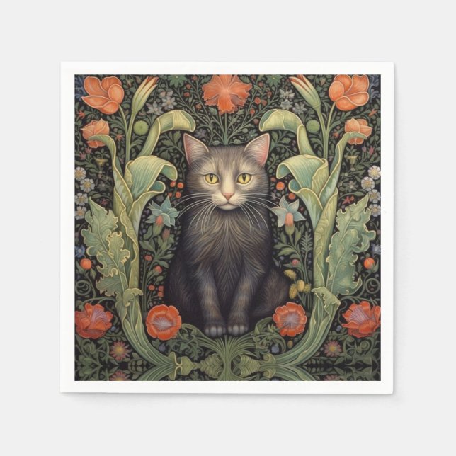 Art nouveau black cat and red flowers napkin (Front)
