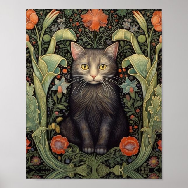 Art nouveau black cat and red flowers poster (Front)
