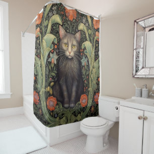 Art nouveau black cat and red flowers shower curtain