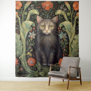 Art nouveau black cat and red flowers tapestry