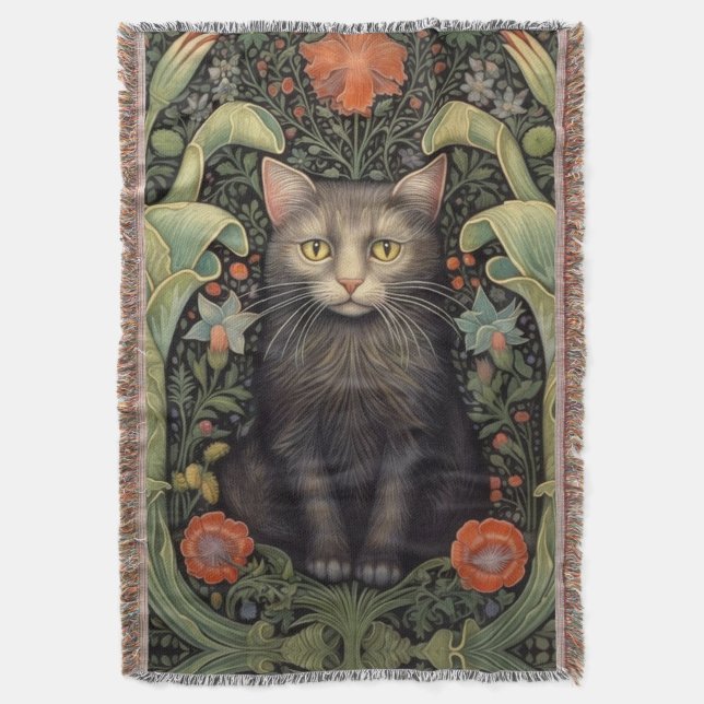 Art nouveau black cat and red flowers throw blanket (Front Vertical)
