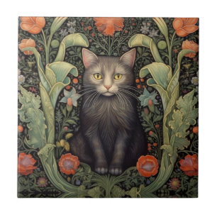 Art nouveau black cat and red flowers tile
