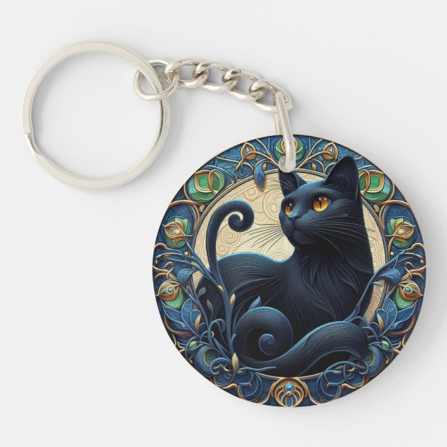 Art Nouveau Black Cat Celtic Key Chain (Front)