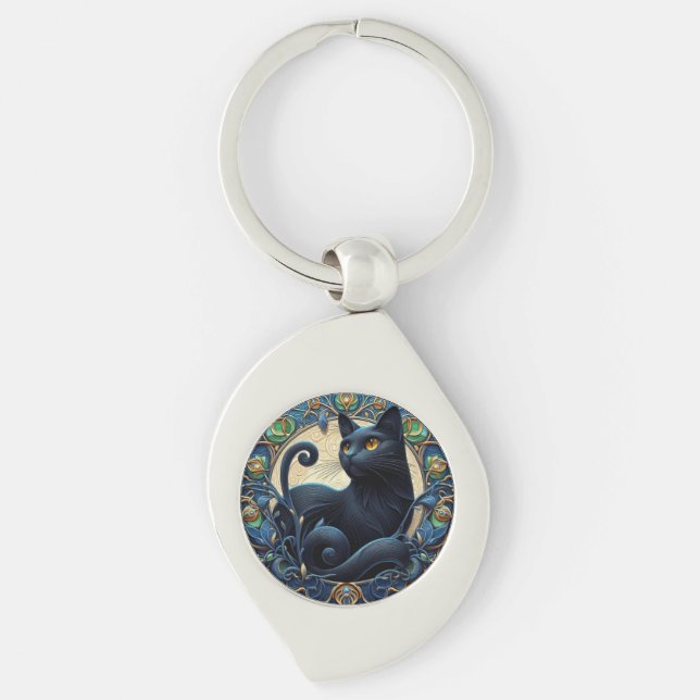 Art Nouveau Black Cat Celtic Key Chain (Front)