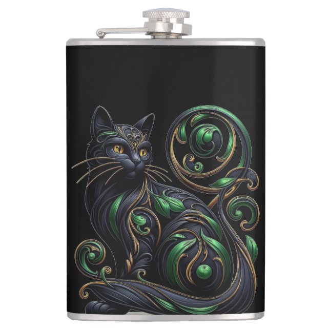 Art Nouveau Black Cat Celtic Vinyl Wrapped Flask (Front)