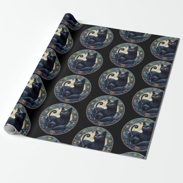 Art Nouveau Black Cat Celtic Wrapping Paper (Unrolled)
