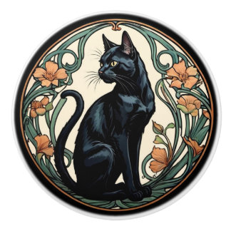 Art Nouveau Black Cat Ceramic Knob