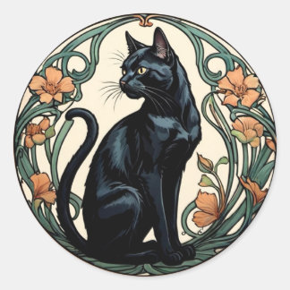 Art Nouveau Black Cat Classic Round Sticker