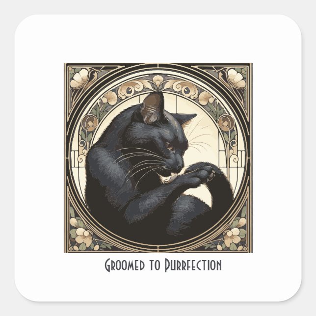 Art Nouveau Black Cat Cleaning Design Square Sticker (Front)