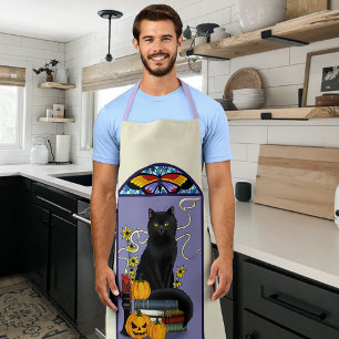Art Nouveau Black Cat Pumpkin Purple Autumn Yellow Apron