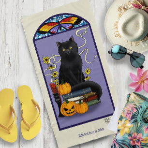 Art Nouveau Black Cat Pumpkin Purple Autumn Yellow Beach Towel