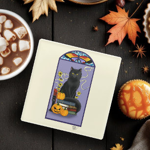 Art Nouveau Black Cat Pumpkin Purple Autumn Yellow Glass Coaster