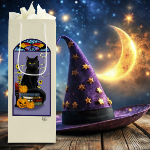 Art Nouveau Black Cat Pumpkin Purple Autumn Yellow Wine Gift Bag