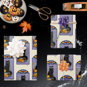 Art Nouveau Black Cat Pumpkin Purple Autumn Yellow Wrapping Paper Sheet