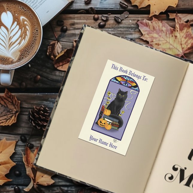 Art Nouveau Black Cat Pumpkin Purple Bookplate Rectangular Sticker (Creator Uploaded)