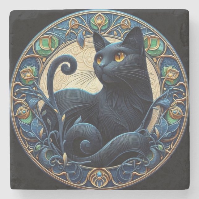 Art Nouveau Black Cat Stone Coaster (Front)