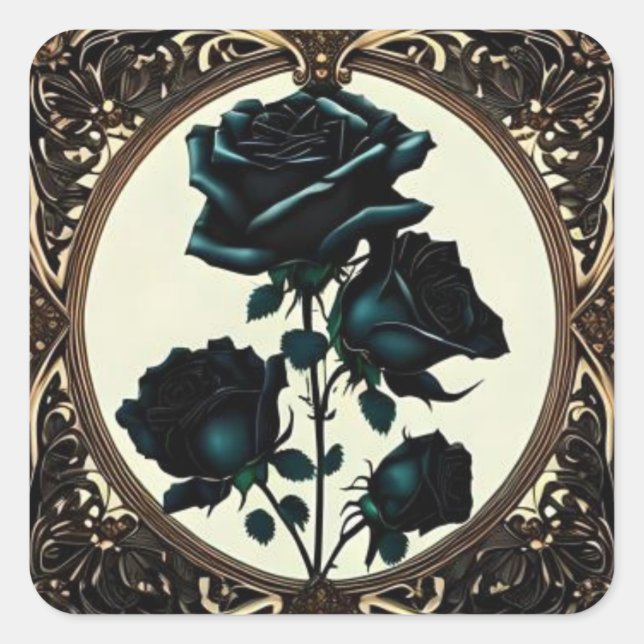 Art Nouveau Black Roses Floral Design Square Sticker (Front)