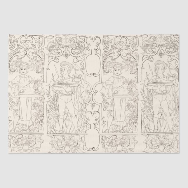 Art Nouveau Black White Cooks Boys Beige Tissue Paper (Front)