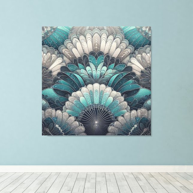 Art Nouveau Blue and Silver Fans Canvas Print (Insitu(Wood Floor))