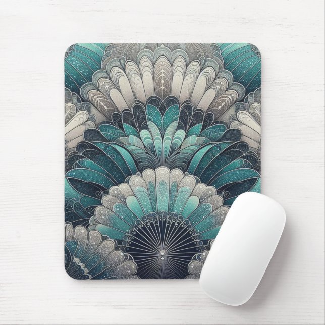 Art Nouveau Blue and Silver Fans Mouse Mat (With Mouse)