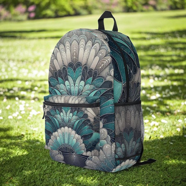 Art Nouveau Blue and Silver Fans Printed Backpack (Creator Uploaded)