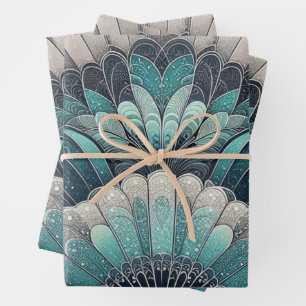 Art Nouveau Blue and Silver Fans Wrapping Paper Sheet
