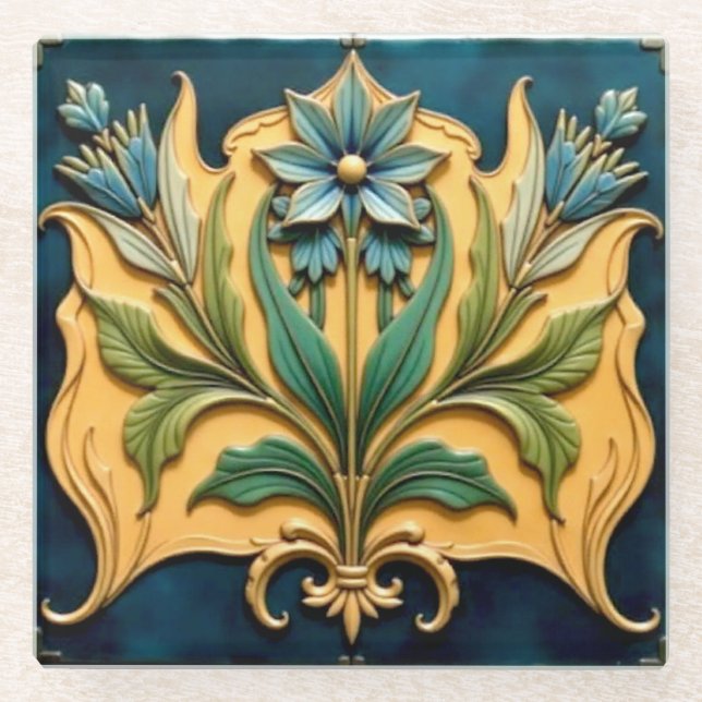 Art Nouveau Blue Floral Coaster (Front)