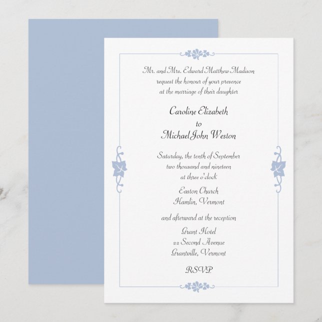 Art Nouveau Blue Framed Wedding Invitation (Front/Back)