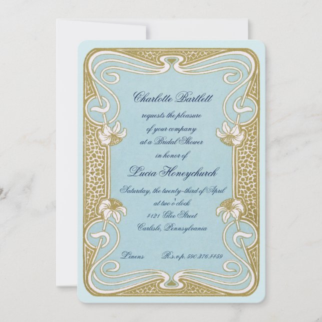 Art Nouveau Blue & Gold Bridal Shower Invitation (Front)