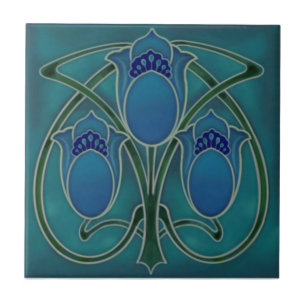 Art Nouveau Blue Green Tulip Trio Repro c1900  Tile