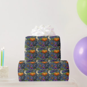 Art Nouveau Blue Halloween Wrapping Paper