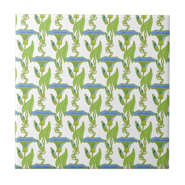 Art Nouveau blue Ipomoea floral wallpaper damask Tile (Front)