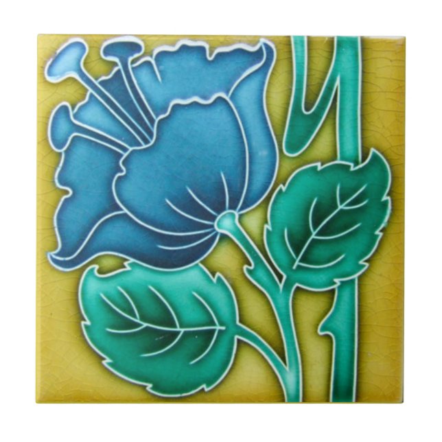 Art Nouveau Blue Poppy Ceramic Tile (Front)